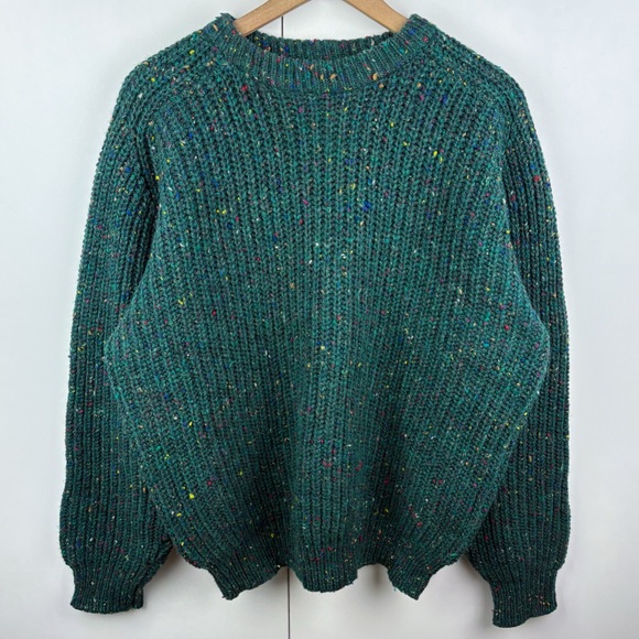 Gap Vintage 100% Wool Emerald Green Rainbow Speckle Confetti Chunky Knit Sweater - Picture 2 of 5